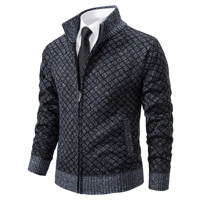 Mens Cardigan Sweater in charcoal grey styled formally with shirt and tie, front zip and side pockets.