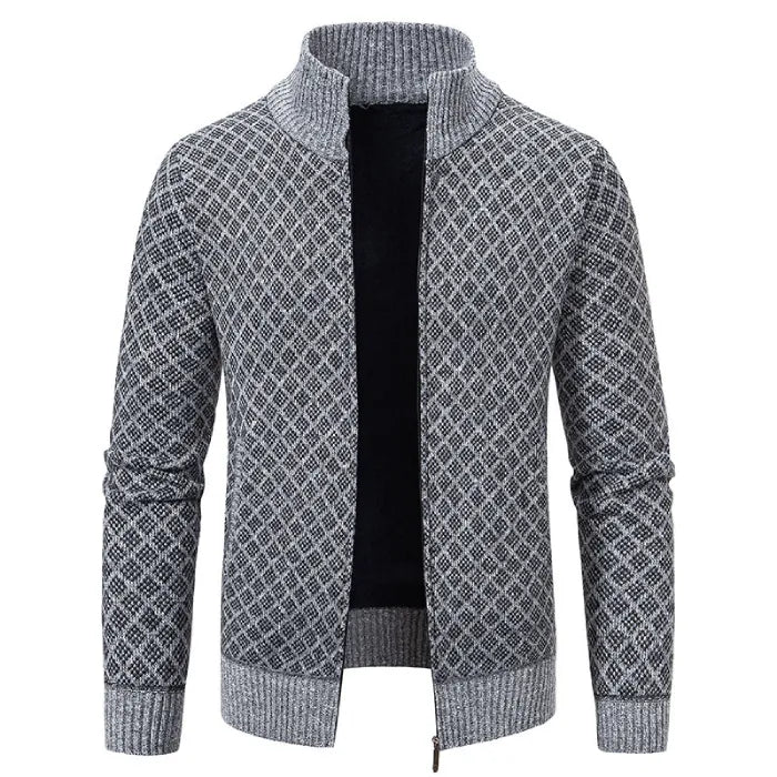Mens Cardigan Sweater in light grey with intricate diamond knit and open zipper front.