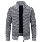 Mens Cardigan Sweater in light grey with intricate diamond knit and open zipper front.