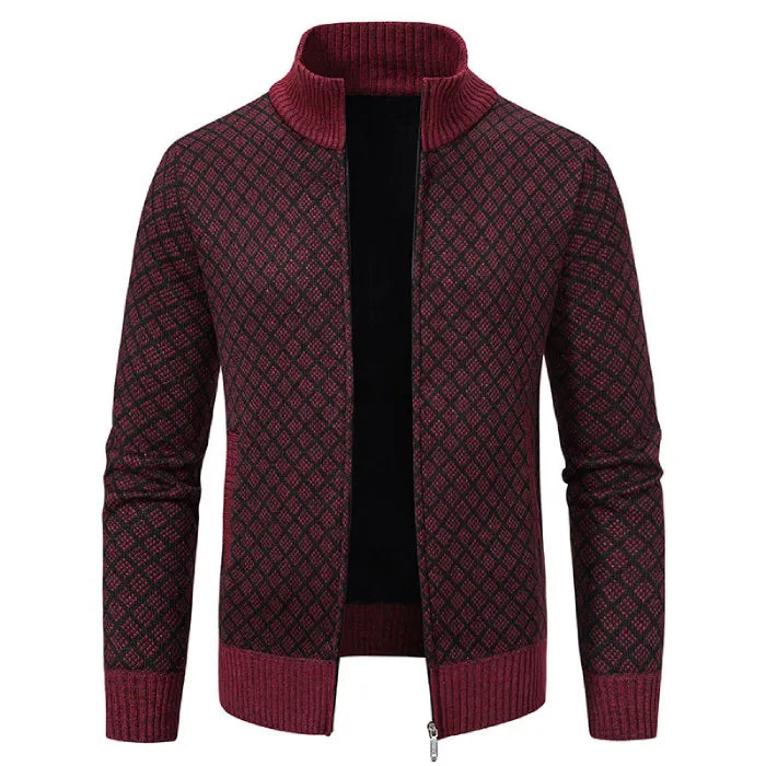 Mens Cardigan Sweater in burgundy with black diamond knit and front zip, styled with open collar.