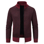 Mens Cardigan Sweater in burgundy with black diamond knit and front zip, styled with open collar.