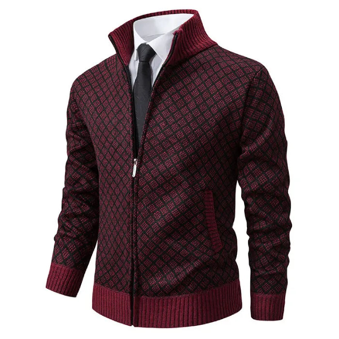 Mens Cardigan Sweater in maroon with diamond pattern and zip-up design styled with shirt and tie.