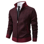 Mens Cardigan Sweater in maroon with diamond pattern and zip-up design styled with shirt and tie.