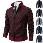 Mens Cardigan Sweater shown in multiple color options with maroon in focus, styled with shirt and tie.