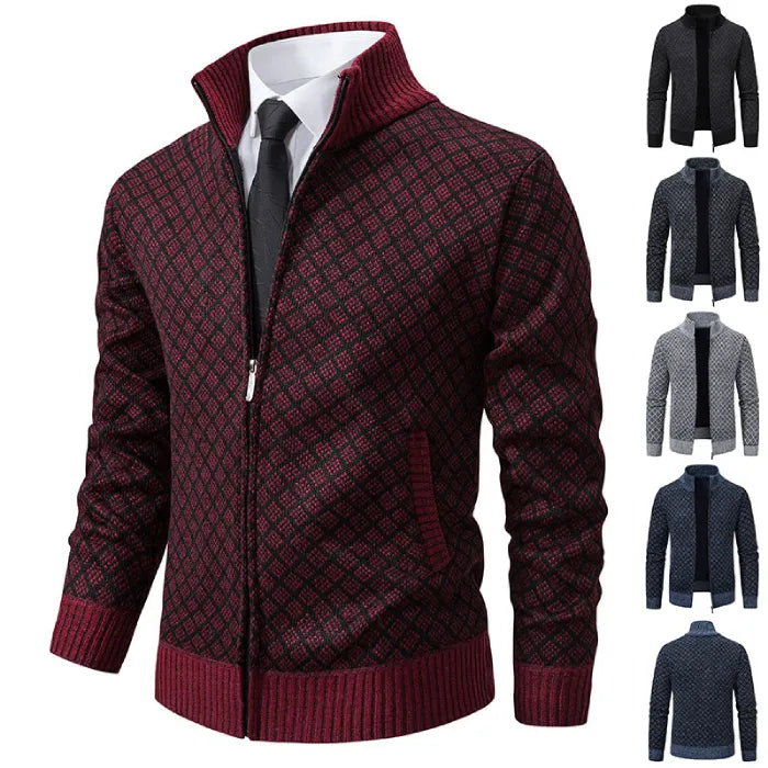 Mens Cardigan Sweater shown in multiple color options with maroon in focus, styled with shirt and tie.