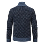 Mens Cardigan Sweater in navy blue featuring full back view with ribbed hem and cuffs.