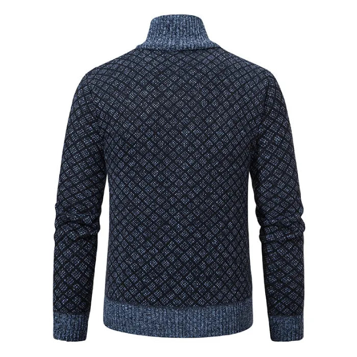 Mens Cardigan Sweater in navy blue featuring full back view with ribbed hem and cuffs.
