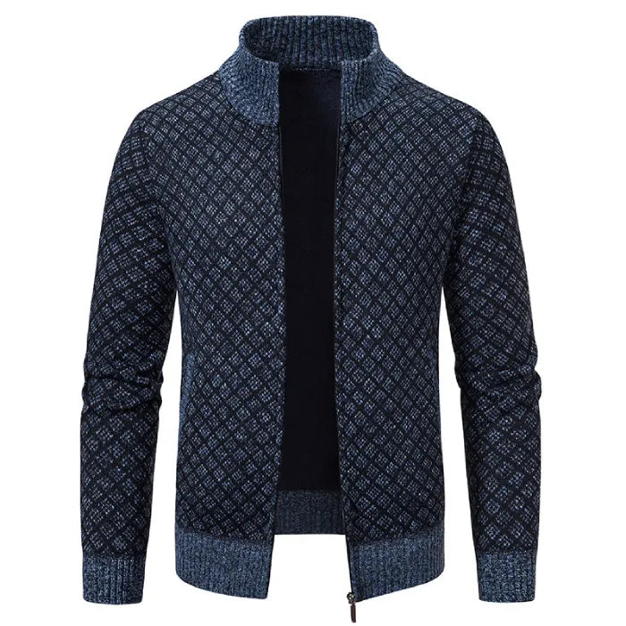 Mens Cardigan Sweater in deep blue with zip-up front and ribbed collar, shown unzipped.
