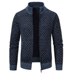 Mens Cardigan Sweater in deep blue with zip-up front and ribbed collar, shown unzipped.