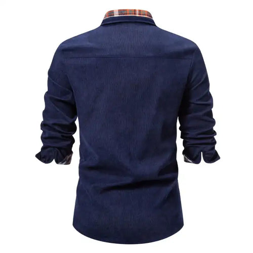 Men's casual plaid shirt in navy blue with orange and white plaid details, back view with rolled sleeves visible