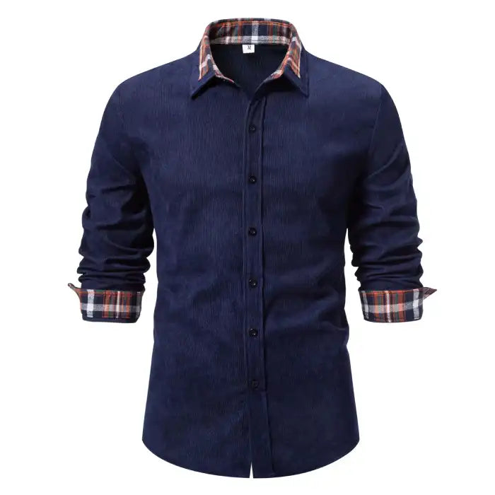 Men's casual plaid shirt in navy blue with orange and white plaid collar and cuffs, front view with sleeves rolled