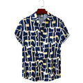 Men's casual shirt with navy blue, yellow, and white abstract geometric pattern, short sleeves, button-up front