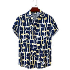 Men's casual shirt with navy blue, yellow, and white abstract geometric pattern, short sleeves, button-up front