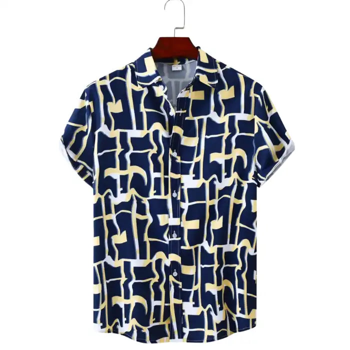 Men's casual shirt with navy blue, yellow, and white abstract geometric pattern, short sleeves, button-up front