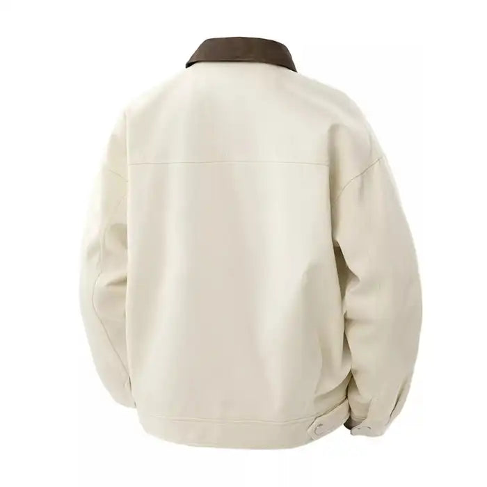 Mens contrast collar canvas jacket showing back panel, structured shoulders, relaxed fit back view