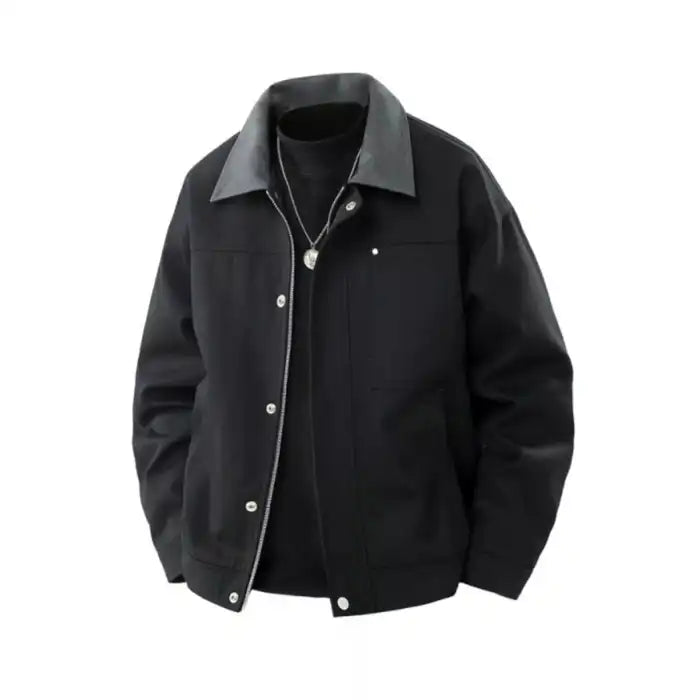  Mens contrast collar canvas jacket in black with grey collar, workwear style front flat lay option
