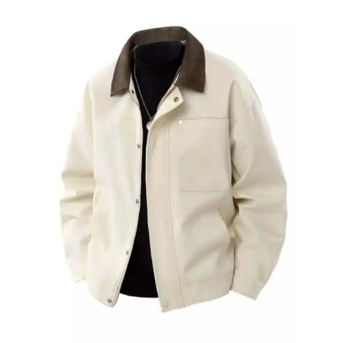 Mens contrast collar canvas jacket in cream with brown collar, chest pocket, casual style flat lay