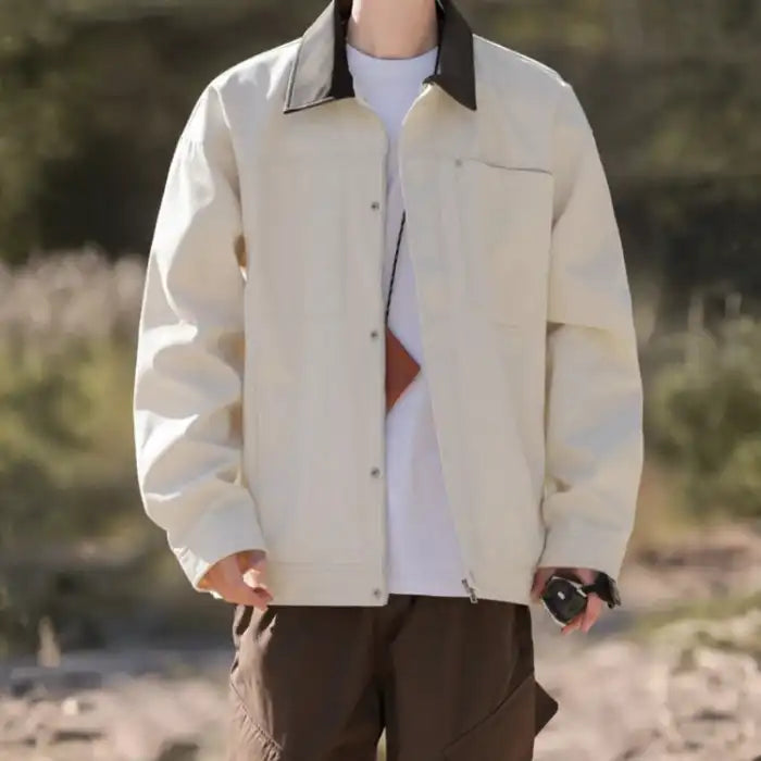  Mens contrast collar canvas jacket in cream with dark brown collar, chest pocket, casual fit front view