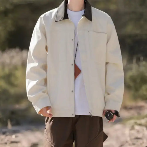  Mens contrast collar canvas jacket in cream with dark brown collar, chest pocket, casual fit front view