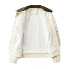  Mens contrast collar canvas jacket open interior with white lining, snap button closure inside view