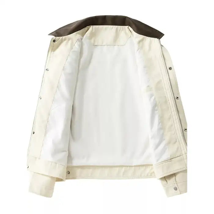  Mens contrast collar canvas jacket open interior with white lining, snap button closure inside view