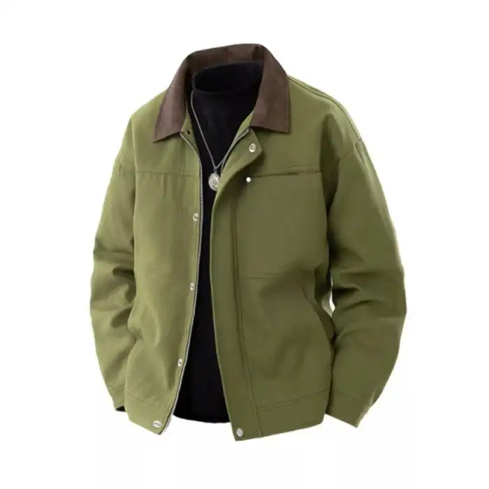  Mens contrast collar canvas jacket in olive green with brown collar, chest pocket flat lay option