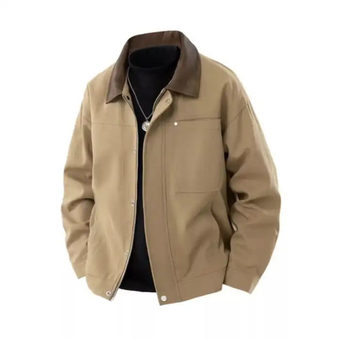  Mens contrast collar canvas jacket in tan with brown collar, button front, casual fit flat lay option