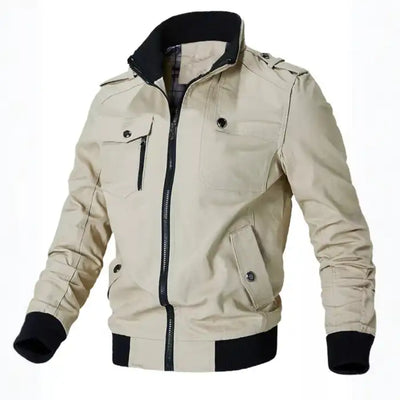  Mens cotton bomber jacket with collar in beige reveals side profile with shoulder epaulettes, utility pockets, and ribbed hem.