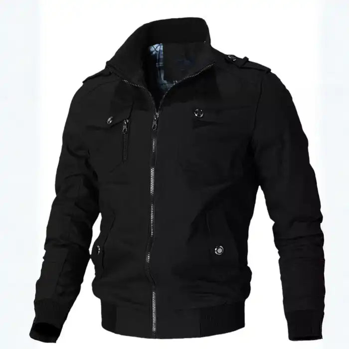  Mens cotton bomber jacket with collar in classic black displays zippered chest pockets, stand collar, and bomber style fit.