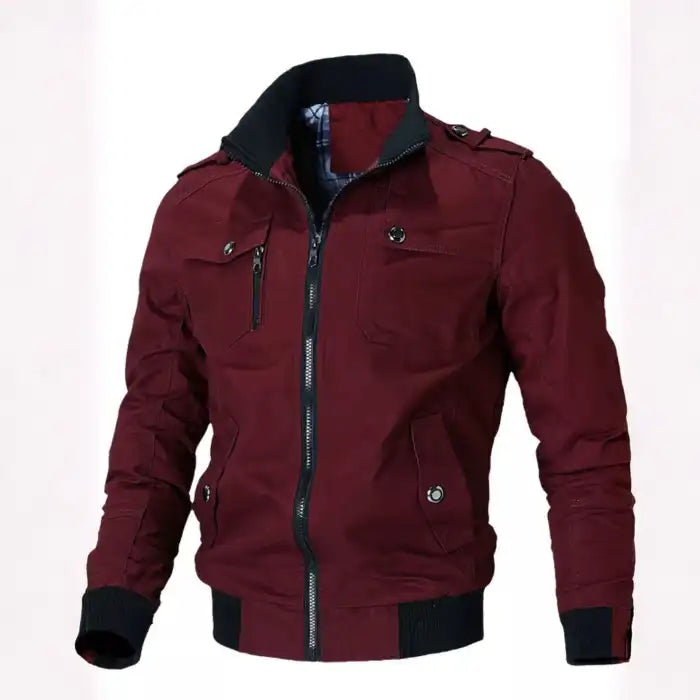 Mens cotton bomber jacket with collar in burgundy features zipper closure, chest pockets, and ribbed cuffs for casual style.