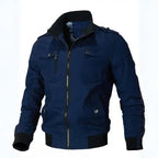 Mens cotton bomber jacket with collar in navy blue highlights functional zipper design, chest pockets, and comfortable bomber fit.