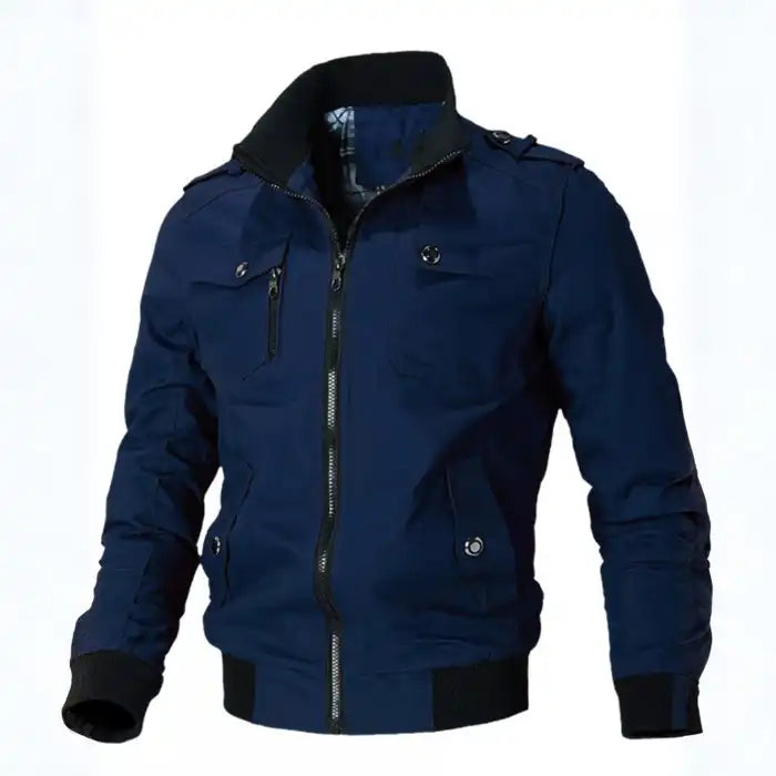 Mens cotton bomber jacket with collar in navy blue highlights functional zipper design, chest pockets, and comfortable bomber fit.