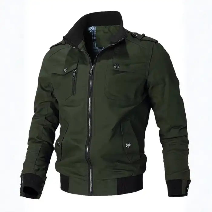  Mens cotton bomber jacket with collar in olive green shows military style, multiple pockets, and black ribbed trim details.