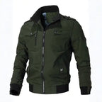  Mens cotton bomber jacket with collar in olive green shows military style, multiple pockets, and black ribbed trim details.