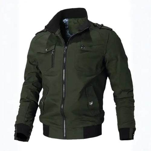  Mens cotton bomber jacket with collar in olive green shows military style, multiple pockets, and black ribbed trim details.