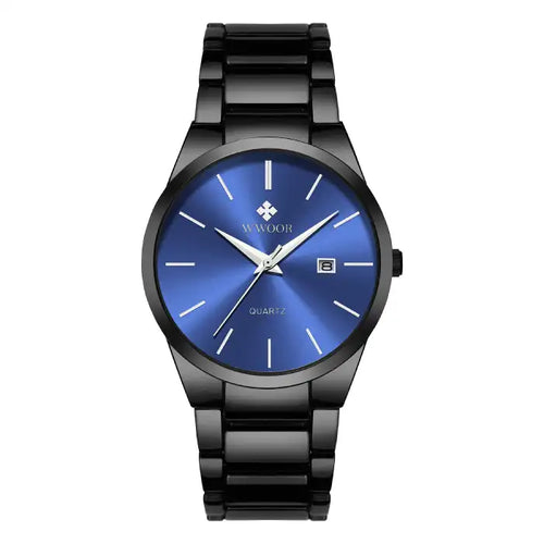 Men's fashion watch with black strap and blue dial featuring minimal markers and date display