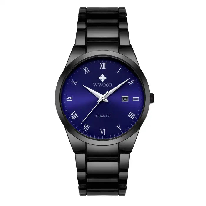  Men's fashion watch with black strap, blue dial, and silver-tone Roman numerals