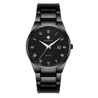 Men's fashion watch in black with Roman numeral dial and stainless steel bracelet