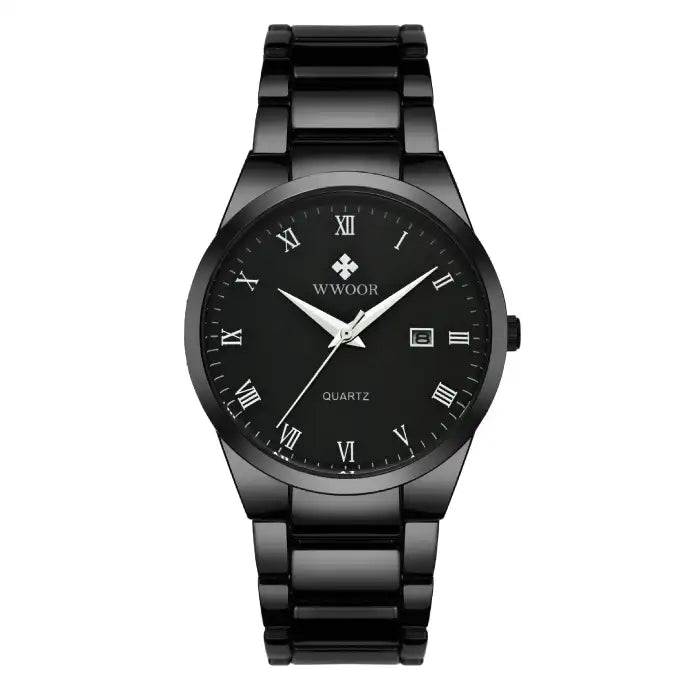 Men's fashion watch in black with Roman numeral dial and stainless steel bracelet