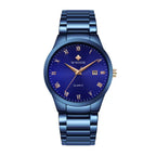 Men's fashion watch in metallic blue with gold Roman markers and date window