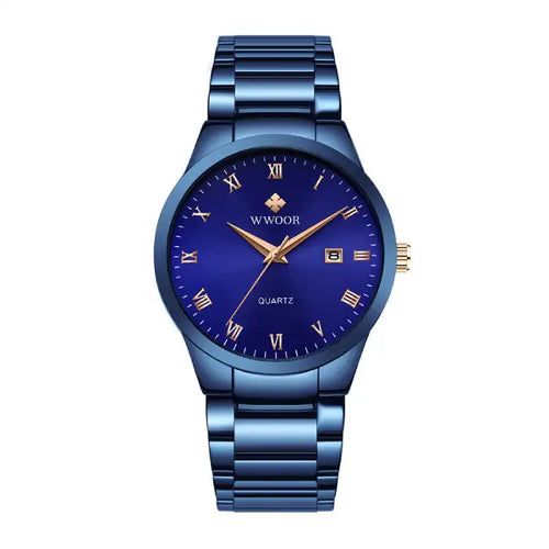 Men's fashion watch in metallic blue with gold Roman markers and date window