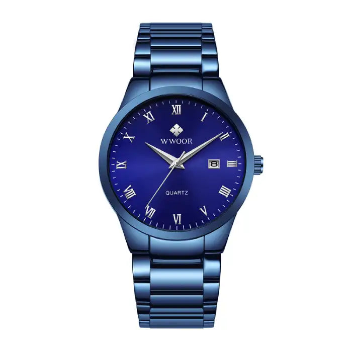 Men's fashion watch in full blue with Roman numeral dial and stainless bracelet