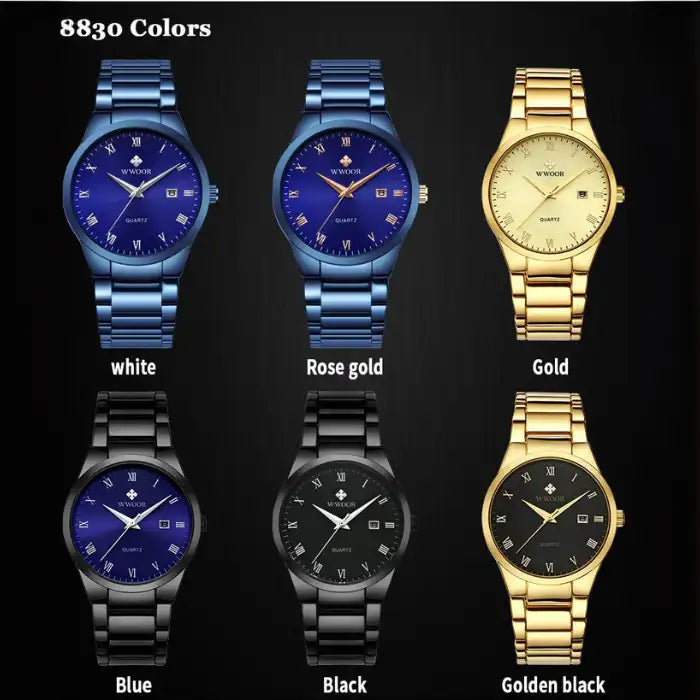Men's fashion watch color variants in blue, black, gold, and rose gold with different dials