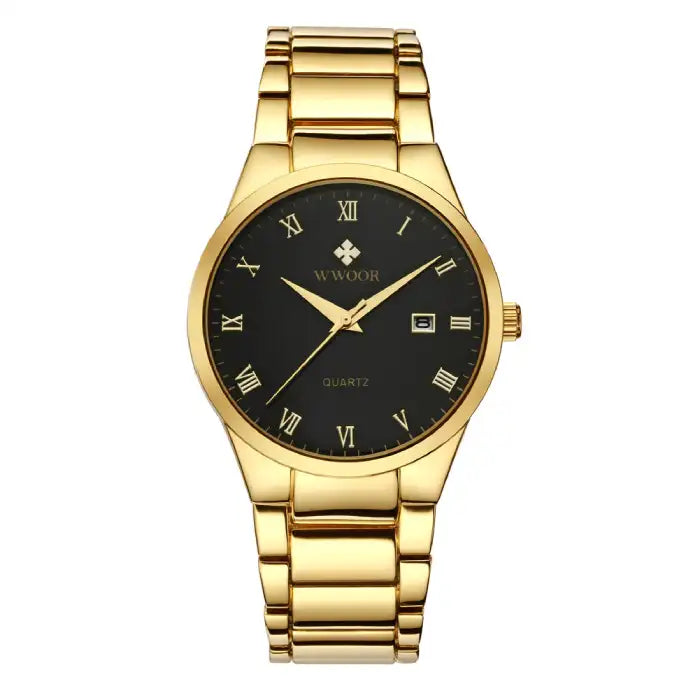  Men's fashion watch in gold tone with black face and Roman numerals