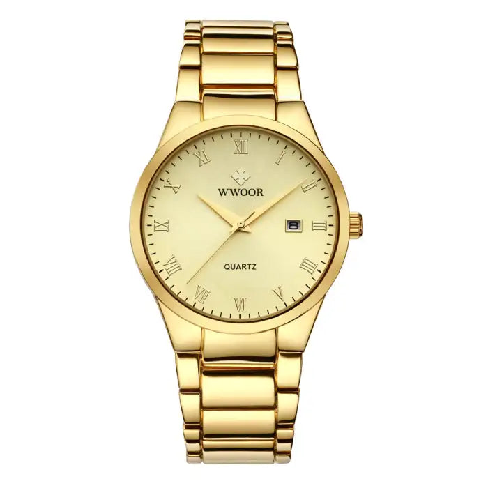 Men's fashion watch in gold finish with champagne dial and Roman numerals