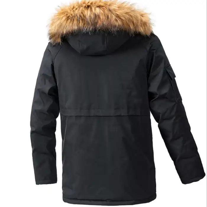 Mens fur hood parka winter jacket with utility pockets in black, displaying rear view with hood and shoulder details.