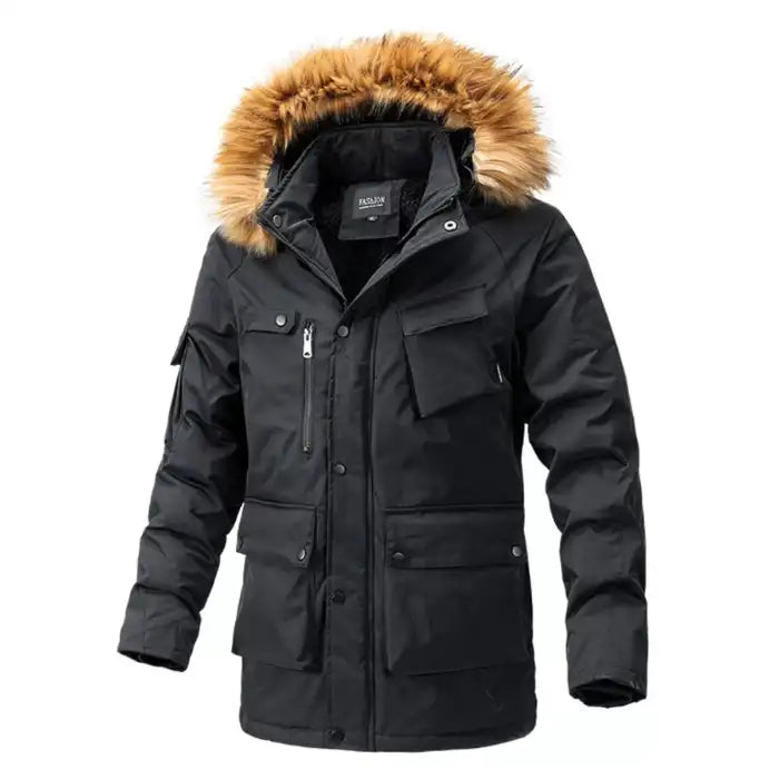  Mens fur hood parka winter jacket with utility pockets in black, showing full front view with zipper and snap buttons.