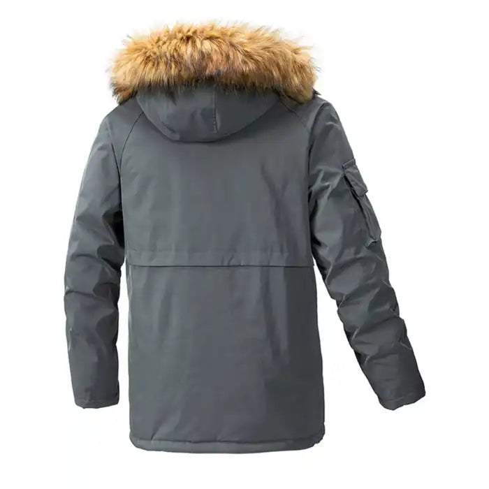 Mens fur hood parka winter jacket with utility pockets in gray, displaying back view with faux fur trim on hood.
