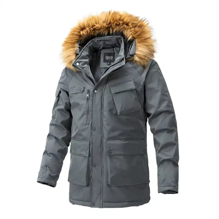 Mens fur hood parka winter jacket with utility pockets in gray, showing full front view with multiple cargo pockets.