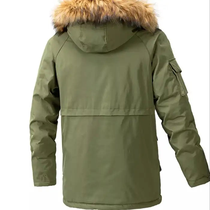 Mens fur hood parka winter jacket with utility pockets in olive green, displaying back view with fur trimmed hood.